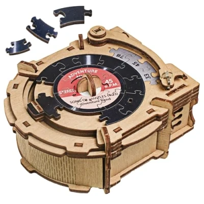 Immagine di iDventure Cluepuzzle Record Player Puzzle con Jigsaw Escape Room Gioco Confezione Regalo Scrigno del tesoro in legno 3D sequenziale per adulti di denaro