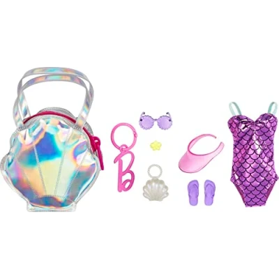 Immagine di Barbie Vestiti, borsa da spiaggia deluxe clip on con costume bagno e cinque accessori a tema per bambole Multicolore, L