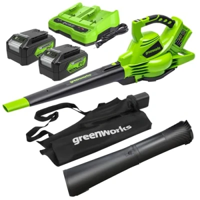 Immagine di Greenworks 48V(2x24V) Aspirafoglie Soffiatore a Batteria con Tracolla, Motore Brushless, 322km/h, 9m3/min, Sacco di Raccolta 45L, 2 4Ah Batterie, e Caricabatterie, Garanzia 3 Anni GD24X2BVK4X