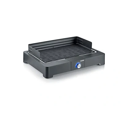 Immagine di SEVERIN PG 8567 Barbecue elettrico 2200 Watt con piastra in alluminio pressofuso, Grill per interni ed esterni luce LED, Griglia da tavolo o balcone, fumo e odori ridotti, Nero