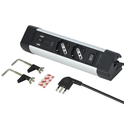 Immagine di Electraline 61921 Multipresa Scrivania 2 Posti Polivalenti, Schuko + 10/16 A, con 3 USB (2 A 3.0A 1 C 20W Power Delivery), Cavo H05VV F 3G.1 lunghezza 2M, protezione contro sovratensioni