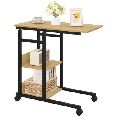Immagine di WOLTU Tavolino da Salotto a Forma di C, Caffè 3 Livelli, Divano Regolabile in Altezza, con Ruote Universali, Legno e Metallo, Rovere Chiaro + Nero, BTS08hei
