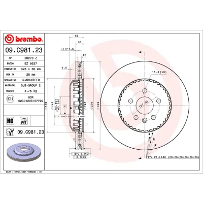 Immagine di BREMBO 09.C981.23 disco freno 325 30 5 ventilazione interna, a due pezzi rivestito ad alto tenore di carbonio