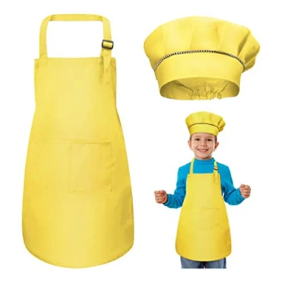 Immagine di Bambini Grembiule e Cappello da Cuoco Set, Regolabile Bambino Cucina con 2 Tasche per Ragazze Ragazzi, Grembiuli Chef Cucinare Cottura Pittura Artigianato (7 13 Anni) (Giallo)