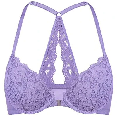 Immagine di DOBREVA Donna Reggiseno Push Up Apertura Frontale Pizzo con Ferretto Imbottito Scollatura Profonda Giglio d&#039;Acqua Viola 3E