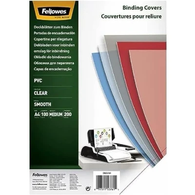 Immagine di Fellowes 5376102 Copertine per Rilegatura in PVC Trasparente, Formato A4, 200 Micron, Confezione da 100 Pezzi