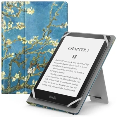 Immagine di MoKo Custodia Cover Universale Compatibile con e Lettore Kindle/Kobo/Voyaga/Lenovo/Sony/Tolino da 6&quot;, 6,8&quot; 7&quot;, in Pelle PU Chiusura di Elastico, Doppio Supporto Manico, Albicocchi Fiore