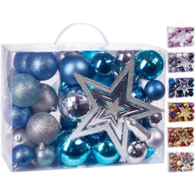 Immagine di Brubaker Set di 50 Pezzi Palline Natale con Cima d&#039;albero Decorazioni per L&#039;Albero in Argento Blu