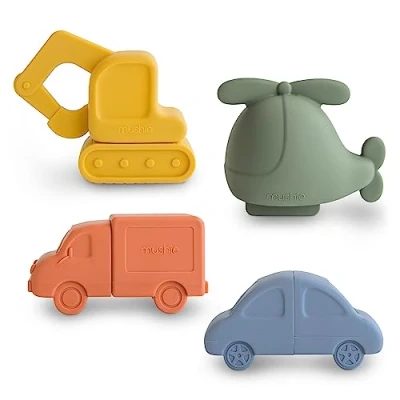 Immagine di Mushie Giocattolo da Bagno con 4 Veicoli Galleggianti per Neonati, Bambini Piccoli e In silicone alimenti il divertimento del bagnetto Elicottero, Auto, Camion Scavatore