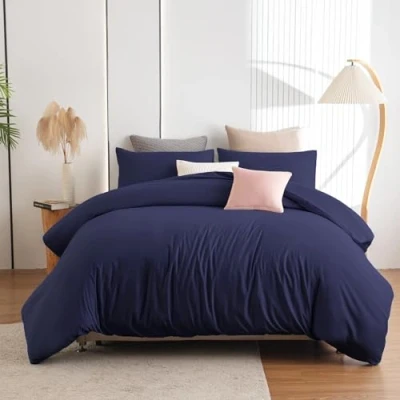 Immagine di Soifox biancheria da letto 220 x 240 cm, colore blu navy, morbida e confortevole, non necessita di stiratura si stropiccia, set 2 pezzi, invernale con chiusura lampo
