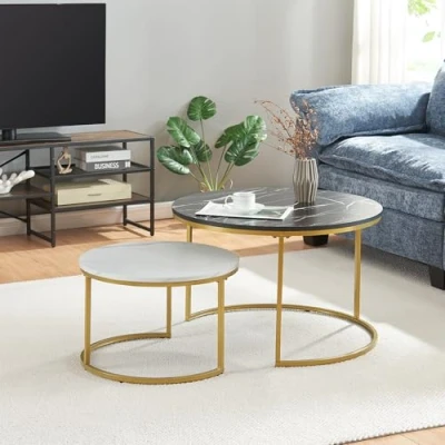 Immagine di [en.casa] Set di 2 Tavolini Sovrapponbili Bassi da Salotto con Piano Rotondo caffè in Misure Diverse Base Semicircolare Metallo Effetto Marmo Nero e Bianco/Color Oro