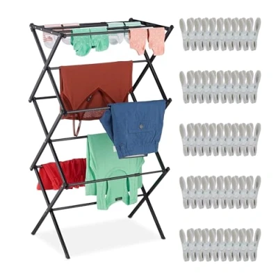 Immagine di Relaxdays Stendibiancheria Pieghevole, Stendino Verticale a Torre con 11 Aste e 6 Livelli, Salvaspazio, in Ferro, Nero, 106x74x38 cm