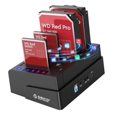Immagine di ORICO 4 bay USB 3.0 Hard Disk Docking Station USB3.0 Dock HDD SATA Non in Linea Clone Funzionare HDD/SSD da 2,5 e 3,5 Pollici 12V6.5A Power Adapter 4*10=40TB Nero