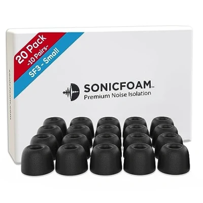 Immagine di SONICFOAM Cuscinetti per auricolari in Memory Foam Isolamento Acustico Premium, Punte di Ricambio Schiuma, Confezione da 20 ear (SF3 Piccoli, Nero)