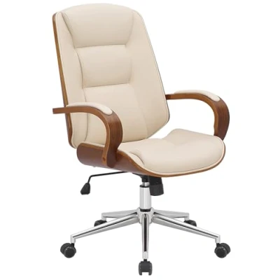 Immagine di CLP Sedia Da Ufficio Yankton In Similpelle I Poltrona Con Altezza regolabile Inserti Legno E Struttura Metallo Cromato, Colore:noce/crema