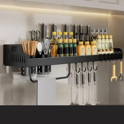 Immagine di Hovoto portaspezie da parete, mensole cucina, organizer per utensili scaffale condimenti, appendere con fessura coltelli, 6 ganci, 2 tazze, portasciugamani, nero,