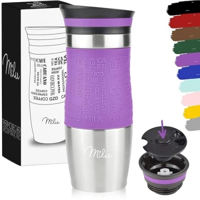 Immagine di Milu Tazza Termica da viaggio per caffè 370ml 100% a Prova di perdite Isolata e tè portare via bere in acciaio inossidabile Caldo freddo (Viola, 370ml)