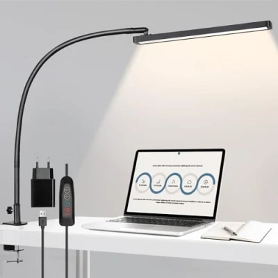 Immagine di Lampada da scrivania, 14W Tavolo con Morsetto a Collo di Cigno, 1100LM Architetto, 5 Colori X 10 Livelli Luminosità Dimmerabile, Protezione Occhi, Per Ufficio, Lettura, Studio