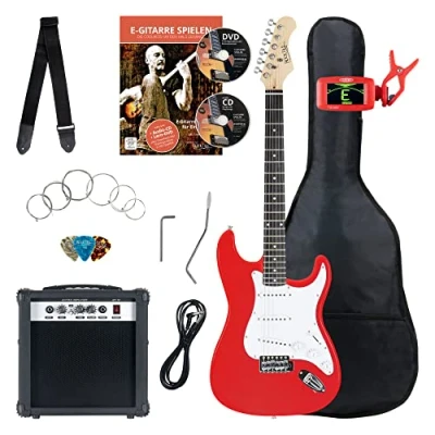 Immagine di Rocktile ST Pack Set Chitarra Elettrica Rosso Kit Completo per Chitarre Elttriche con Amplificatore 25W, Custodia Morbida, Accordatore, Cavo, Tracolla, Plettri Red High Gloss