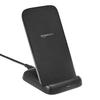 Immagine di Amazon Basics Stazione di ricarica wireless da 10 W con certificazione Qi (iPhone 15/14/13/12/11/X, Samsung), cavo USB (senza adattatore CA), nero