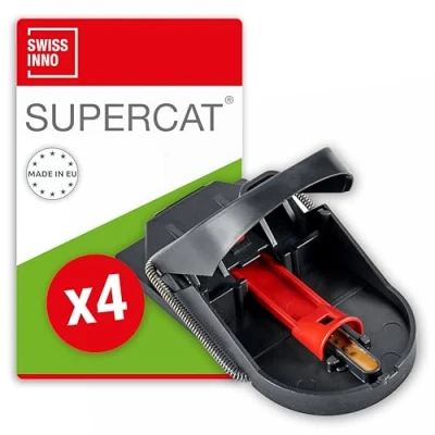 Immagine di SWISSINNO Trappola per Topi PRO SuperCat. Efficiente, umana e riutilizzabile con esche alimentari. Cattura Uccide all&#039;istante. Uso in esterno. Sicura, No colpi a vuoto. Made UE: 4 trappole
