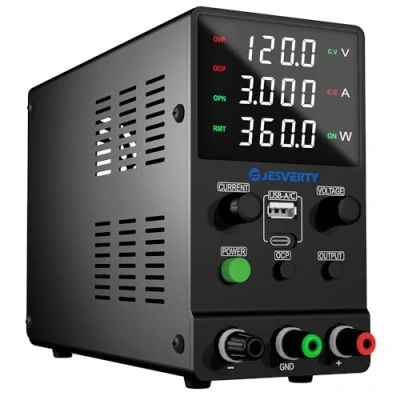 Immagine di alimentatore CC variabile, da banco regolabile a commutazione 0 120V 3A con ricarica rapida USB e Type C 20W,manopola encoder, interruttore di uscita,display LED 4 cifre SPS 12003M