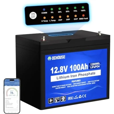 Immagine di Batteria al litio DCHOUSE 12V 100Ah LiFePO4,protezione dalle basse temperature,BMS intelligente integrato da 100A,fino a 15000 cicli,per motore pesca alla traina, camper, sistema solare, off grid