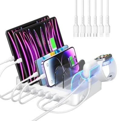 Immagine di SooPii 50W Stazione di Ricarica USB a 6 Porte Caricatore USB, Cavi Inclusi, per Cellulari, Tablet e Altri Dispositivi … (White)