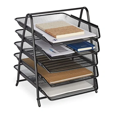 Immagine di Relaxdays Organizer Portadocumenti con 5 Vaschette, Portalettere A4, HLP: 37,5 x 30 35,5 cm, Rete in Acciaio, Nero, 100%