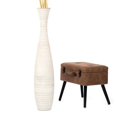 Immagine di Leewadee Grande Vaso Da Terra: Alto Stile Boho In Legno Di Mango Per Rami Pampa, 110 cm, White Wash