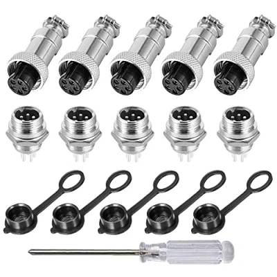 Immagine di Aiqeer 5 Pezzi Pin GX12 Connettore Aviazione, 12 mm Aviazione Metallo, 5A Maschio Femmina, con Cappuccio in Gomma e Cacciavite a Croce