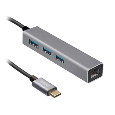 Immagine di Ekon HUB multiporta, 3 porte USB A 3.0, 1 porta LAN, in metallo, cavo C, per PC, laptop, mouse, cavi di ricarica, tastiere, chiavette USB, rete