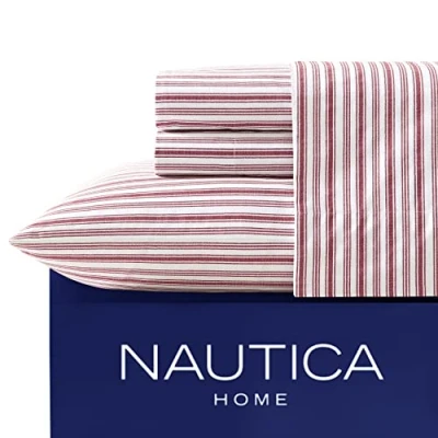 Immagine di Nautica Cotton Percale Sheet Set, Full, Coleridge Red Stripe, Twin XL