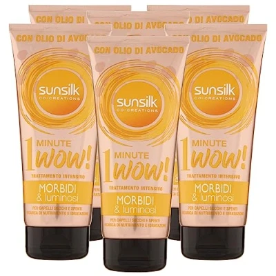 Immagine di Sunsilk Trattamento Intensivo 1 Minute Wow Morbidi e Luminosi Maschera per Capelli Secchi Spenti con Olio di Avocado Azione Nutriente Idratante 6 Flaconi da 180ml