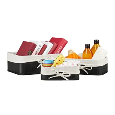 Immagine di Relaxdays Set Cestini Portaoggetti, Contenitori Salvaspazio in bambù per Armadio e Scaffali, 3 Misure, Nero Crema, Poliestere MDF