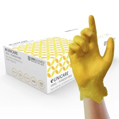 Immagine di UNIGLOVES Unicare Guanti Monouso in Vinile da esame Multiuso, Senza Polvere e Lattice confezione 100 Guanti, Giallo, Medium (GS0103)