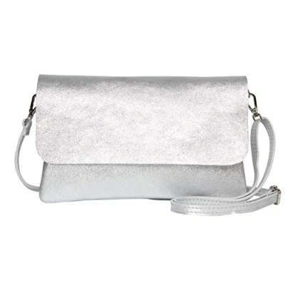 Immagine di AmbraModa GLX11 Borsa a tracolla da donna, in vera pelle, con rimovibile e regolabile, adatta per cellulari tablet fino 7 pollici, (argente)