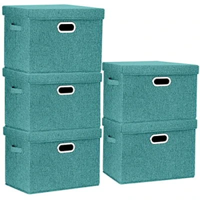 Immagine di TYEERS Grandi Scatole Portaoggetti, in Tessuto, Pieghevole, con Coperchio, 44x30x29 cm, Set di 5, Aqua Deep