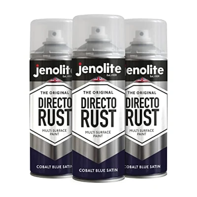 Immagine di JENOLITE Directorust Blu Cobalto Satinato Vernice spray multisuperficie Per l&#039;uso su legno, metallo, plastica, ceramica e superfici arrugginite 3 x 400ml (RAL 5013)