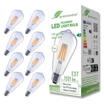 Immagine di greenandco 8 lampadine A filamento LED trasparenti E27 ST64 7,2 W 1521 lm sostituisce 100 3000 K bianco caldo 320 230 V senza sfarfallio Classe energetica non dimmerabile