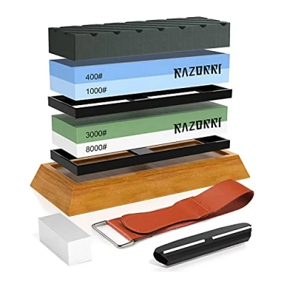 Immagine di Razorri Solido S3 set di pietre da affilare con base ergonomica in bambù abrasive double face grana 400/1000, appiattite3000/8000, strisce pelle, guida angolare (Piatta Base)