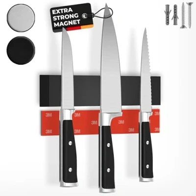 Immagine di Coltello a barra magnetica con magnete extra forte Confronto vincitore 2022 Facile montaggio nastro adesivo 3M, autoadesiva nera 25cm