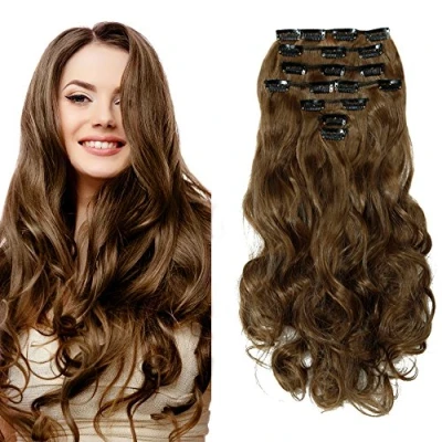 Immagine di SEGO 43cm Extension Capelli Clip Mossi 140g Full Head 8 Fasce con 18 Clips Sintetici Extensions Marrone Chiaro