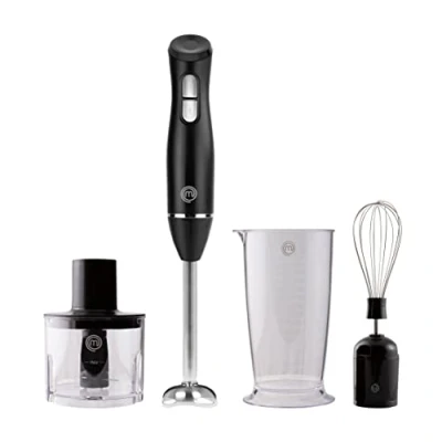 Immagine di MasterChef Frullatore Tritatutto Multifunzione, 3 in 1 Minipimer Immersione con Frusta e Bicchiere 600ml, per Smoothie, Zuppa, Passata altro, Acciaio Inox Plastica, Nera, 200W