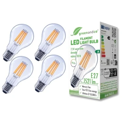 Immagine di greenandco 4 lampadine A filamento LED trasparente dimmerabile E27 A60 7,2 W 1521 lm sostituisce 100 3000 K bianco caldo 320 230V senza sfarfallio Classe energetica
