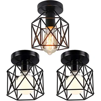 Immagine di iDEGU Set di 3 plafoniere industriali, 15 cm, lampadario in ferro fucinato, nero, gabbia a sospensione, per camera da letto, ingresso, caffè, bar, (3 pezzi)