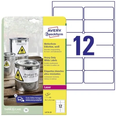 Immagine di Avery Zweckform L4776 20 Etichetta a Pellicola 99.1 x 42.3 mm in poliestere Bianco 240 pz. tenuta permanente Stampante laser colori,