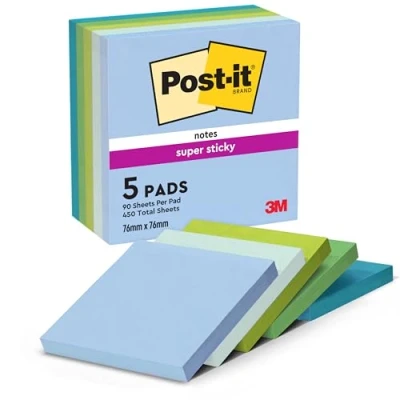 Immagine di Post it Foglietti Super Sticky, Collezione Oasis, Confezione da 5 blocchetti, 90 Fogli per blocco, 76 mm x mm, Colori Azzurro, Verde Extra Adesivi Appunti, Elenchi &amp; Promemoria