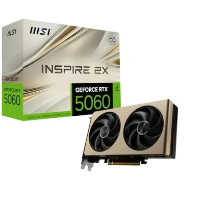 Immagine di MSI GeForce RTX 5060 8G INSPIRE 2X OC Scheda Video Core 3840, Memoria 8GB GDDR7, Risoluzione massima (7680 x 4320), Connettori di alimentazione 8 pin x1, Velocità Memory Clock (MHz) 28 Gbps