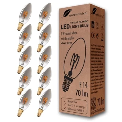 Immagine di greenandco 10x Lampadina a filamento LED Vintage grigio argento E14 C35 2W 70lm 1800K (bianco caldo) 360 230V AC Vetro, nessun sfarfallio, non dimmerabile